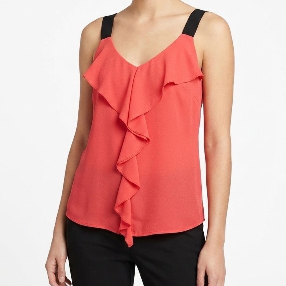 Charlotte Russe Womens Ruffle Front V-Neck Blouse Coral Red Black Straps Size M
